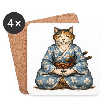 Zen Samurai Cat Meditation Kimono - Coasters (set of 4) - white - Front