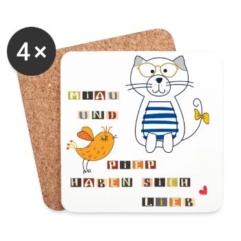 Katze und Vogel - Untersetzer (4er-Set) - Weiß - Vorne