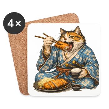 Samurai-Katze Tonkatsu Japanisches Essen Ukiyo-e - Untersetzer (4er-Set) - Weiß - Vorne