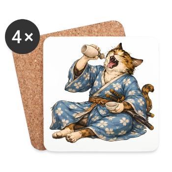 Saké de chat samouraï style ukiyo-e japonais - Dessous de verre (lot de 4) - blanc - Devant