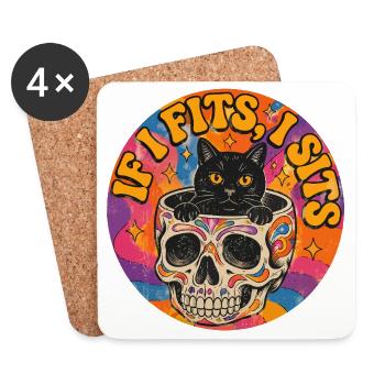 Chat dans un crâne : design de tatouage à l’ancienne - Dessous de verre (lot de 4) - blanc - Devant