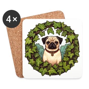 Pug in Ivy Wreath - Coasters (set of 4) - white - Front