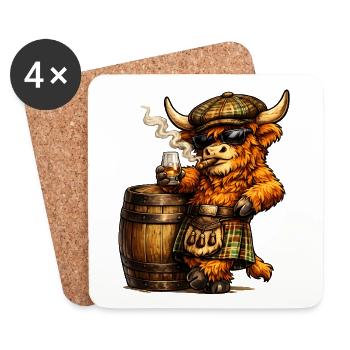 Bétail des Highlands avec un tonneau de whisky et un cigare - Dessous de verre (lot de 4) - blanc - Devant