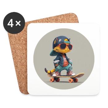 Chat skateur - Dessous de verre (lot de 4) - blanc - Devant