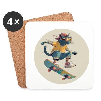 Skateboard-Katze im Retro-Vibe - Untersetzer (4er-Set) - Weiß - Vorne