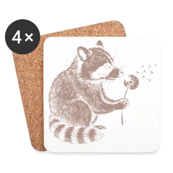Whimsical Raccoon Dandelion Vintage Sketch Animal - Untersetzer (4er-Set) - Weiß - Vorne