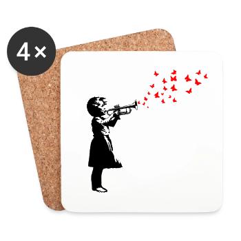 Fille et papillons avec trompette, style Banksy - Dessous de verre (lot de 4) - blanc - Devant