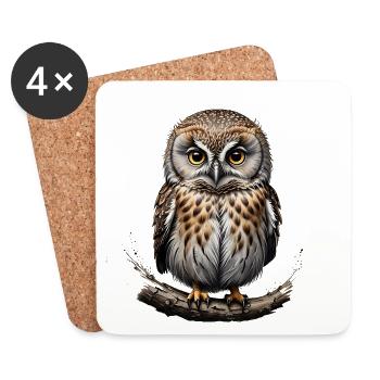 Tawny Owl Portrait on Branch - Coasters (set of 4) - white - Front