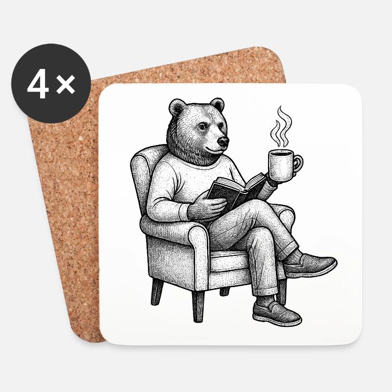 Bärenleser mit Buch und Tasse - Untersetzer (4er-Set) - Weiß