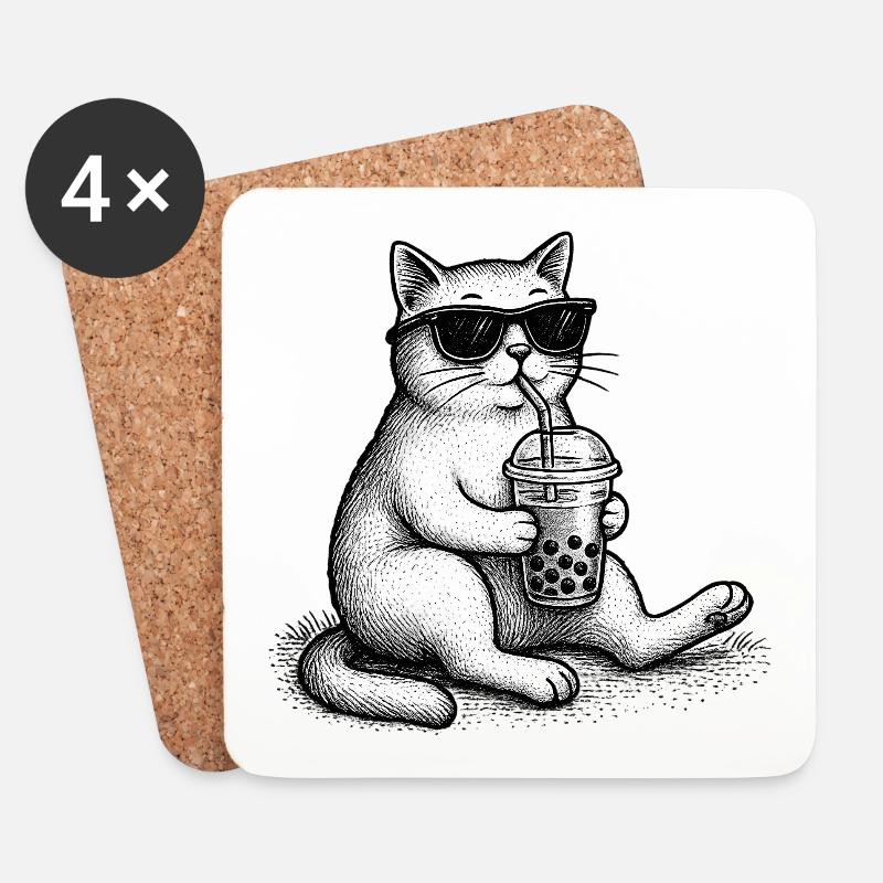 Bubble Tea Cat - Dessous de verre (lot de 4) - blanc