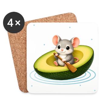 Cute Mouse in Avocado Kawaii Animal Motif - Coasters (set of 4) - white - Front