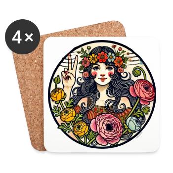 Floral Goddess Peace Sign Circle - Coasters (set of 4) - white - Front