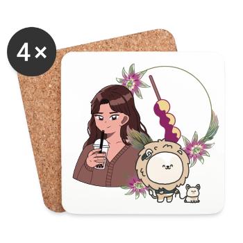 Fille au thé moussant et Lion avec appareil auditif - Dessous de verre (lot de 4) - blanc - Devant
