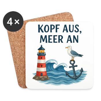 Kopf aus, Meer an – Leuchtturm Motiv - Untersetzer (4er-Set) - Weiß - Vorne