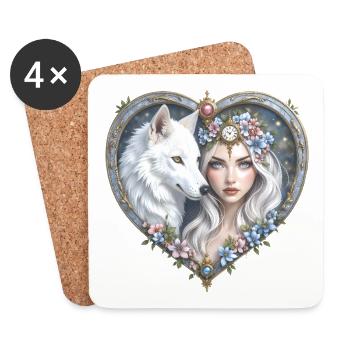 Femme Loup Florale dans le Cœur - Dessous de verre (lot de 4) - blanc - Devant