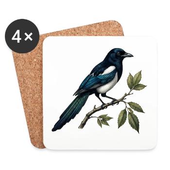 Magpie "Pica pica" — ornithological engraving - Coasters (set of 4) - white - Front