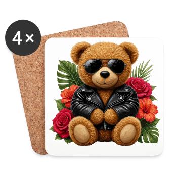 Biker-Teddybär mit Blüten - Untersetzer (4er-Set) - Weiß - Vorne