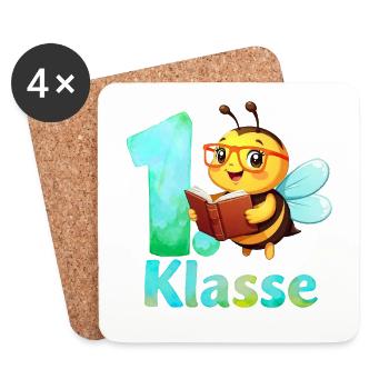 1. Klasse Biene mit Brille und Buch - Aquarell - Untersetzer (4er-Set) - Weiß - Vorne