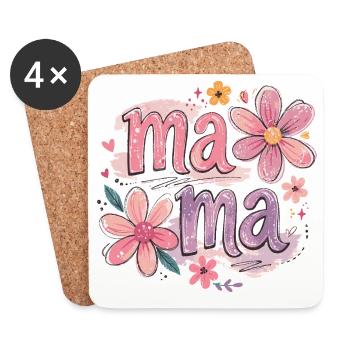 MAMA Large Flowers and Pink Bow | Retro Style - Coasters (set of 4) - white - Front