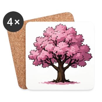 Pink Cherry Blossom Tree Illustration - Coasters (set of 4) - white - Front
