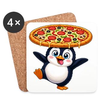 Lustiger Pinguin mit Pizza Cartoon Motiv - Untersetzer (4er-Set) - Weiß - Vorne