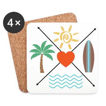 Soleil, Cœur, Surf, Vagues de palmiers, - Dessous de verre (lot de 4) - blanc - Devant