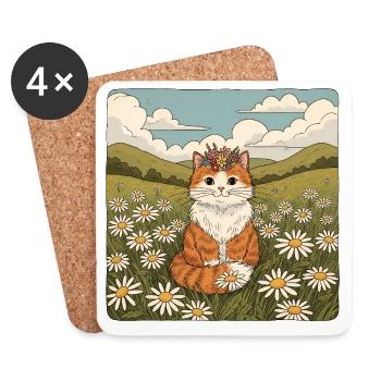 Cottagecore Orange Cat Daisy Flower Crown - Coasters (set of 4) - white - Front