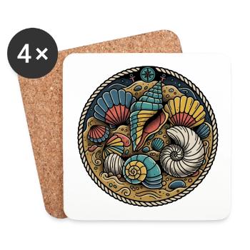 Coquillages Plage Vintage Badge Marine Corde - Dessous de verre (lot de 4) - blanc - Devant
