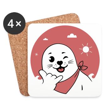 Winking Seal Wearing a Bandana Throwing Shaka Sign - Coasters (set of 4) - white - Front