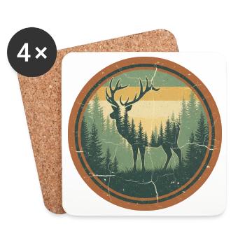 Cerf vintage dans la forêt - Design rétro de la nature - Dessous de verre (lot de 4) - blanc - Devant