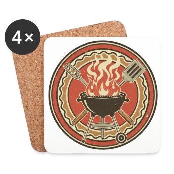 Emblème Retro BBQ Grill Flames - Dessous de verre (lot de 4) - blanc - Devant