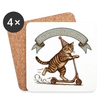 Cat riding a scooter - Always on time - Untersetzer (4er-Set) - Weiß - Vorne