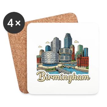 Birmingham Canal Skyline Retro Hand-Drawn Badge - Coasters (set of 4) - white - Front