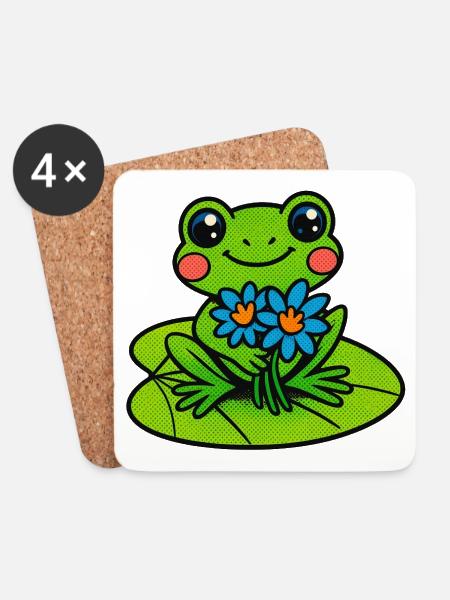 Cheerful frog with bouquet of flowers - Coasters (set of 4) - white