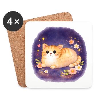 Chaton au clair de lune parmi les fleurs - Dessous de verre (lot de 4) - blanc - Devant