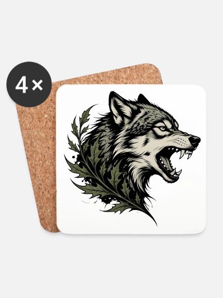 Wolf spirit with foliage - Coasters (set of 4) - white
