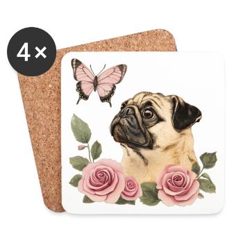 Mops mit Schmetterling - Untersetzer (4er-Set) - Weiß - Vorne