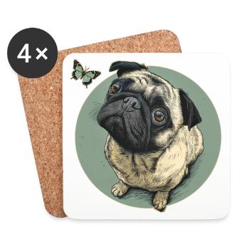 Pug with butterfly - Coasters (set of 4) - white - Front