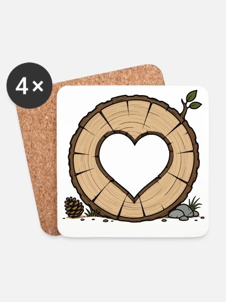 Heart in Tree Trunk Slice - Coasters (set of 4) - white