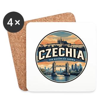 Retro Czechia Charles Bridge Badge Travel Poster - Coasters (set of 4) - white - Front