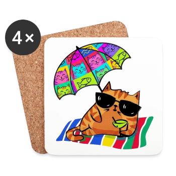 Cool cat on vacation with parasol - Coasters (set of 4) - white - Front