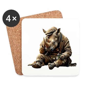 Melancholic rhinoceros with flowers - Coasters (set of 4) - white - Front