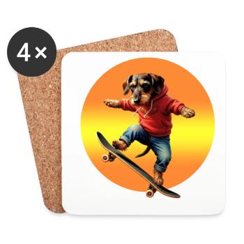 Skateur teckel Oscar en sweat à capuche - Dessous de verre (lot de 4) - blanc - Devant