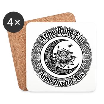 Atme Ruhe Ein Atme Zweifel Aus - Mond Lotus Sterne - Untersetzer (4er-Set) - Weiß - Vorne
