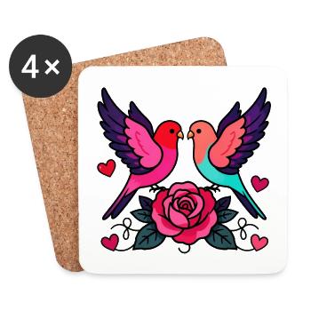 Vibrant Love Birds with Rose - Coasters (set of 4) - white - Front