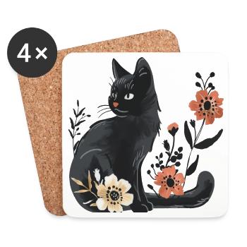 Chat noir parmi les fleurs printanières - Dessous de verre (lot de 4) - blanc - Devant