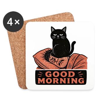 Chat noir en linogravure posé sur le visage matin - Dessous de verre (lot de 4) - blanc - Devant