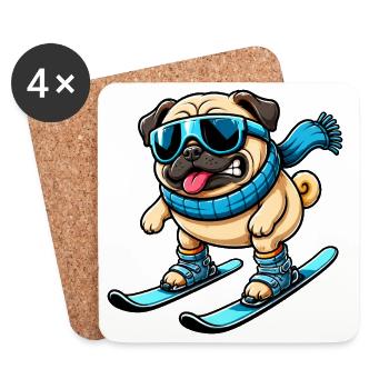 Dog Pug Skier Comique Sports d’hiver Drôle - Dessous de verre (lot de 4) - blanc - Devant