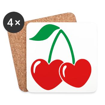 Paire de cerises de style rouge-vert - Dessous de verre (lot de 4) - blanc - Devant