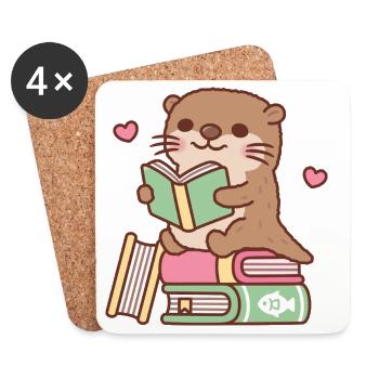 Cute Otter Sits Atop Of Books To Read - Coasters (set of 4) - white - Front